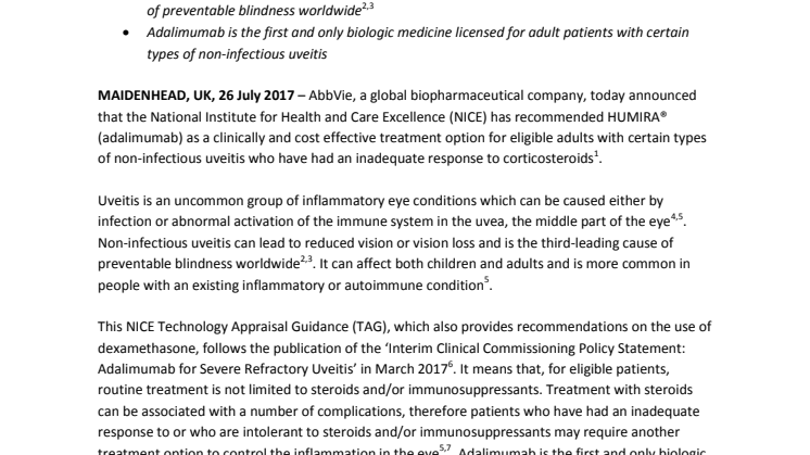 NICE recommends AbbVie’s HUMIRA® (adalimumab) for treatment of non-infectious uveitis