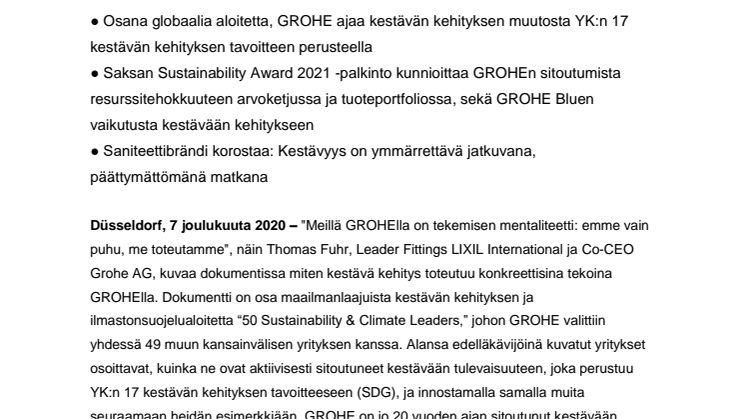 Muutoksen edelläkävijä: GROHE juhlii kolminkertaista kestävän kehityksen menestystään “50 Sustainability & Climate Leaders” joukossa, sekä Saksan Sustainability Award 2021 tuplavoittoa