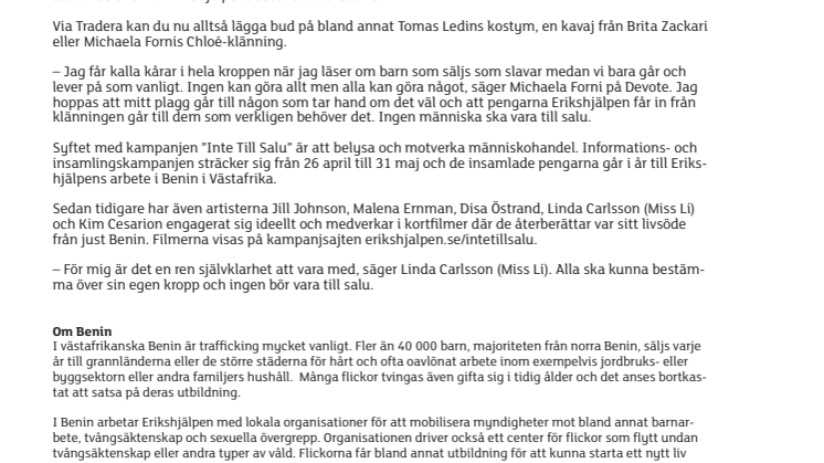 Tradera samarbetspartner till Erikshjälpens kampanj ”Inte Till Salu”