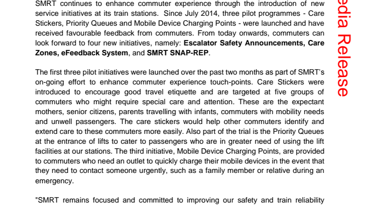 SMRT Announces New Initiatives to Enhance Commuter Experience