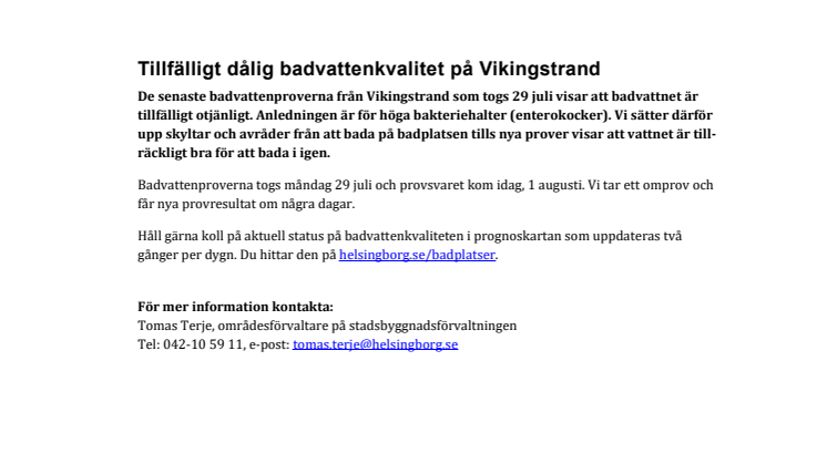 Tillfälligt dålig badvattenkvalitet på Vikingstrand