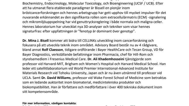 CELLINK värvar den världsberömda forskaren Dr. Mina J. Bissell till sin Advisory Board