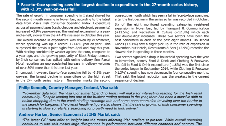 Irish consumer spending continues to weaken, but Black Friday sales and weak sterling leads to record rise in online shopping