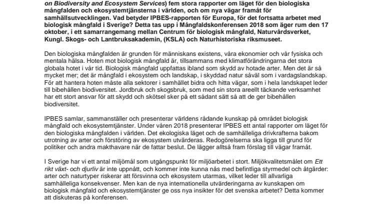 Inbjudan till konferens 17 oktober 2018: Biologisk mångfald och samhällsutveckling – Nya vägar framåt?