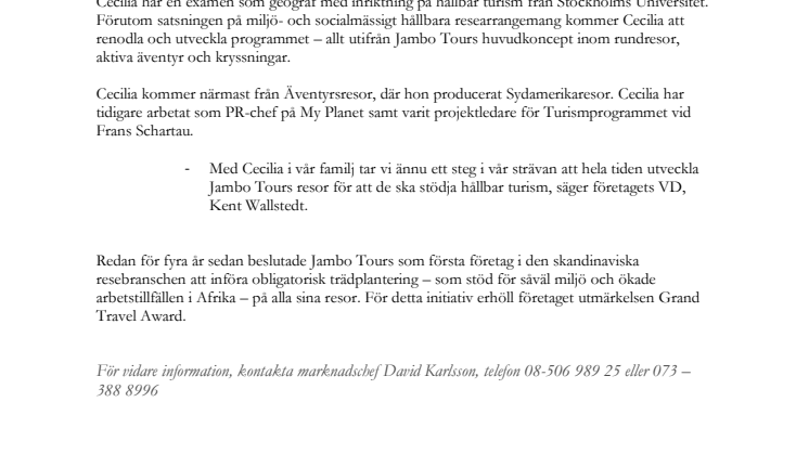Fokus på hållbarhet och tydliga koncept: Cecilia Eriksson förstärker Jambo Tours reseproduktion  