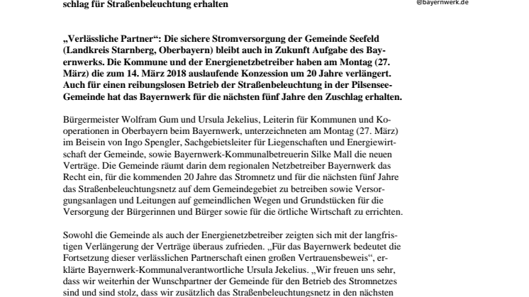 Bayernwerk bleibt in Seefeld Partner bei der Stromversorgung