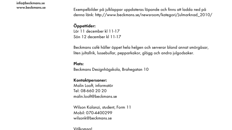 Beckmans Designhögskolas Julmarknad 11-12 december