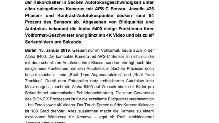 Sony Alpha 6400: Die schnellste Kamera der Welt