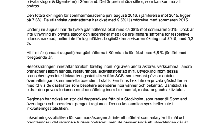 Sörmland ökar i SCB:s Inkvarteringsstatistik ”sommar 2016”
