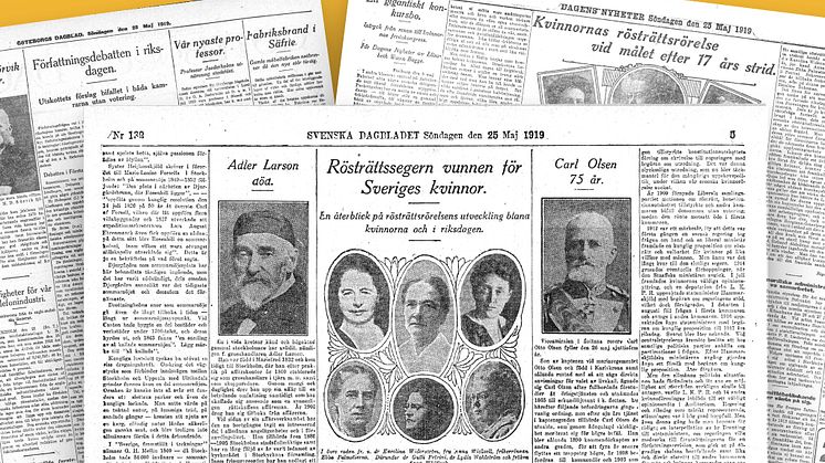 Kollage med artiklar ur Svenska Dagbladet, Göteborgs Dagblad och Dagens Nyheter den 25 maj 1919. 