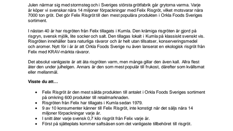 Svenskarna älskar sin risgröt – äter 7000 ton varje år