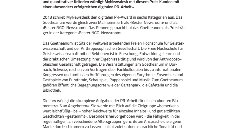 «Bemerkenswert leichtfüßig». ​Das Goetheanum erhält digitalen PR-Award ‹Bester NGO-Newsroom›