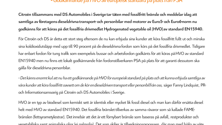 CITROËN OCH DS AUTOMOBILES FÖRST MED FOSSILFRITT BRÄNSLE FÖR PERSONBILAR I SVERIGE