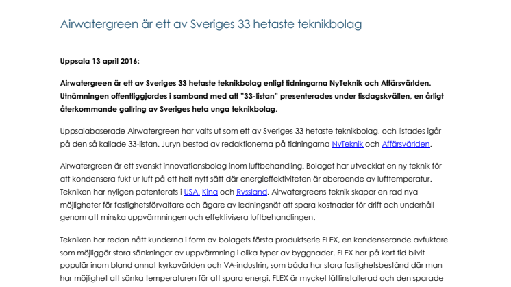 Airwatergreen är ett av Sveriges 33 hetaste teknikbolag