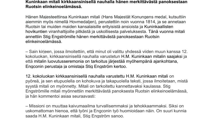 Engconin perustajalle Hänen Majesteettinsa Ruotsin kuninkaan myöntämä mitali