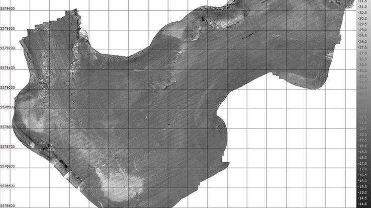 Fig.1. Calibrated backscatter map of Barns Pool, Plymouth, UK. The values represent the backscatter response of the seafloor in absolute dB scale. The data can be used for reliable seafloor monitoring and classification.