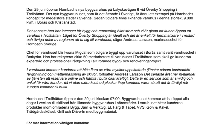 Hornbach öppnar nytt varuhus i Trollhättan