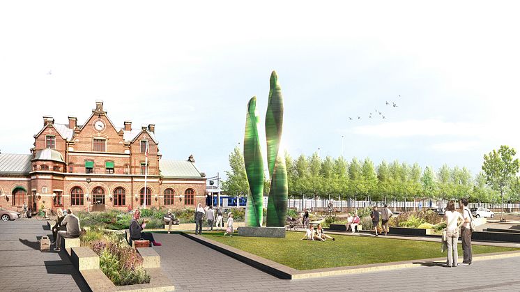 Förslag på ny utformning av Järnvägstorget. Detaljer i skissen kan komma att förändras under projekteringen, till exempel ryggstöd på bänkarna. Skiss: White arkitekter