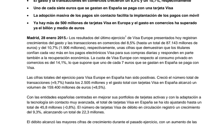 Visa Europe confirma el crecimiento de las transacciones y el consumo privado durante 2014 gracias a la recuperación económica