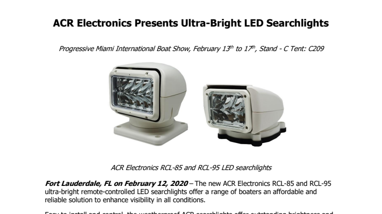 ACR Electronics Presents Ultra-Bright LED Searchlights