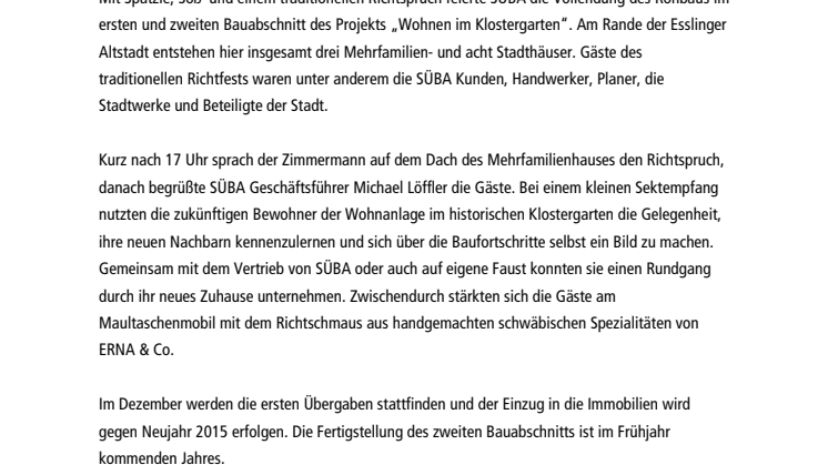 SÜBA feiert Richtfest im ehemaligen Esslinger Klostergarten