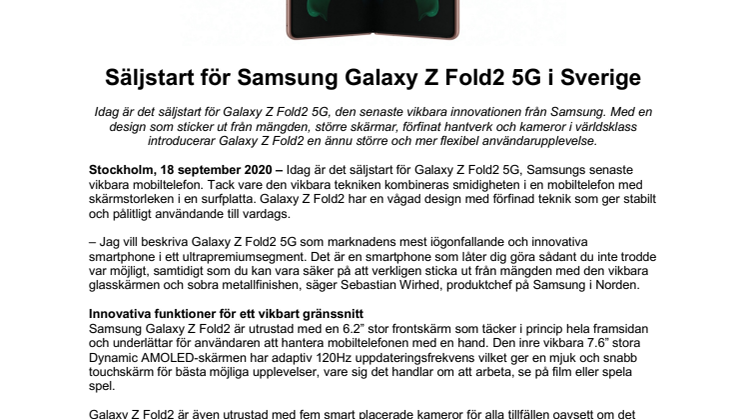 Säljstart för Samsung Galaxy Z Fold2 5G i Sverige