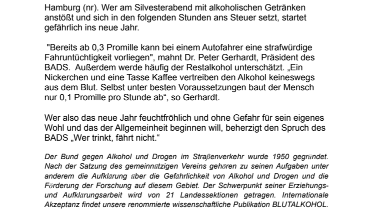 Auch zum Jahreswechsel gilt: Kein Alkohol am Steuer