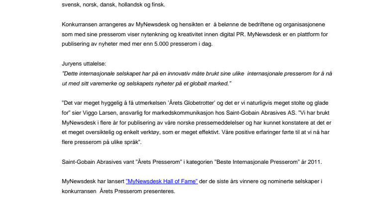Saint-Gobain Abrasives AS vinner årets Presserom 2012