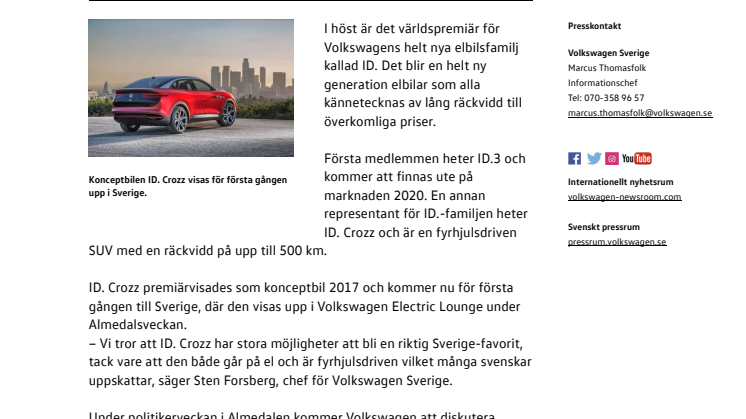 Volkswagens omtalade elbil ID. Crozz till Almedalen
