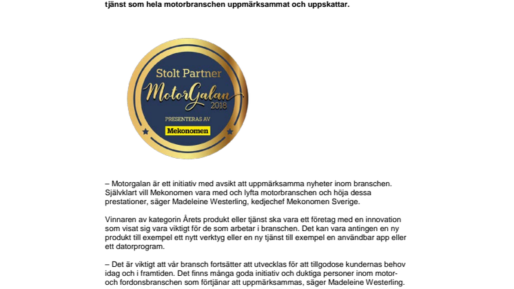 Mekonomen prisar innovation på Motorgalan