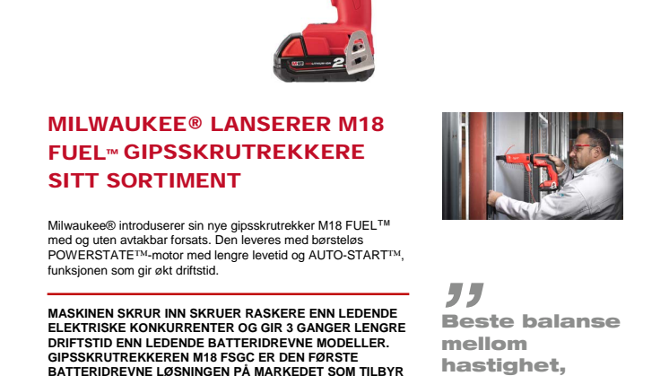 MILWAUKEE® LANSERER M18 FUEL™ GIPSSKRUTREKKERE SITT SORTIMENT