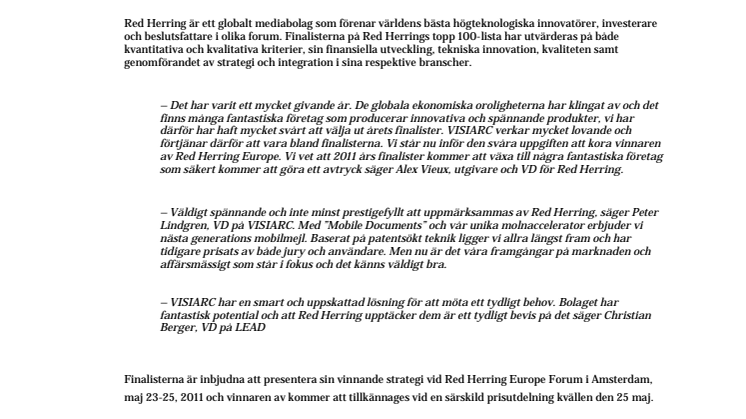 VISIARC finalist i 2011 Red Herring Top 100 Europe Award
