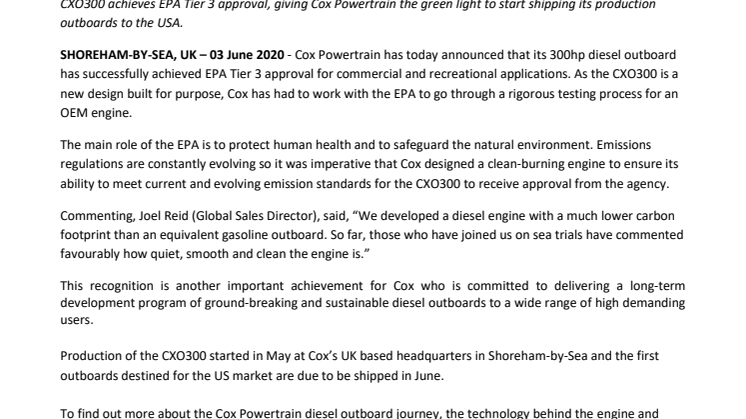 Cox Diesel Outboard Successfully Passes EPA Testing