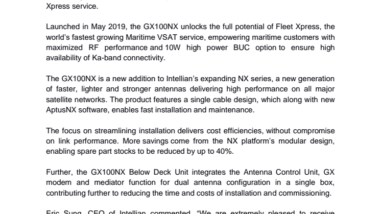 Intellian’s new GX100NX Fleet Xpress terminal obtains Inmarsat Type Approval