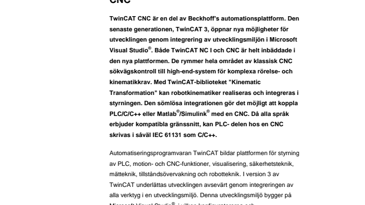 TwinCAT 3 från Beckhoff - komfortabel integrering av CNC