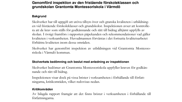 Skolverkets rapport om Grantomta Montessoriskola
