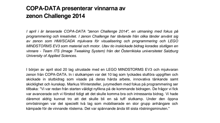 COPA-DATA presenterar vinnarna av zenon Challenge 2014