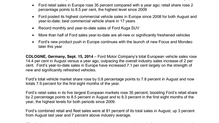 Ford Europas salgsresultat, august 2014