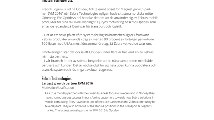 Optidev utsedd till Årets partner av världsledande Zebra Technologies