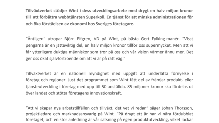 Tillväxtverket hjärta Wint med en halv miljon