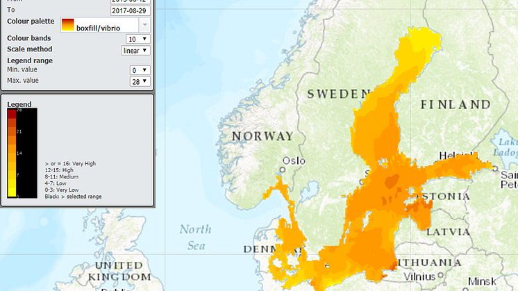 Graderad riskbedömning utifrån geografisk spridning under perioden 2013-2017. Gult = låg risk, brunt = hög risk. Bild: ECDC Vibrio Map Viewer.