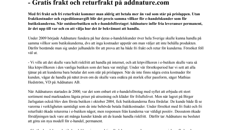 Addnature inför e-handel utan extraavgifter - Gratis frakt och returfrakt på addnature.com