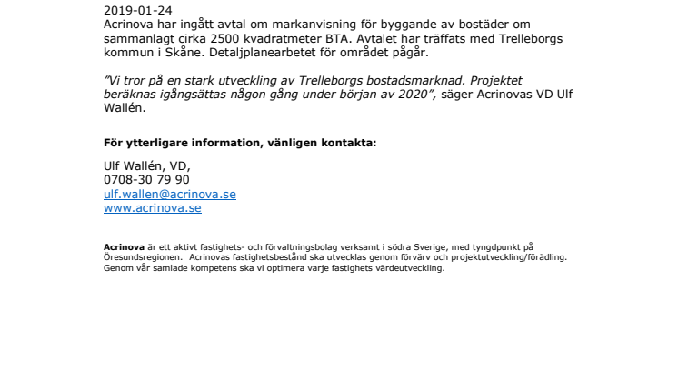 Acrinova har ingått avtal om markanvisning för bostäder i Trelleborgs kommun