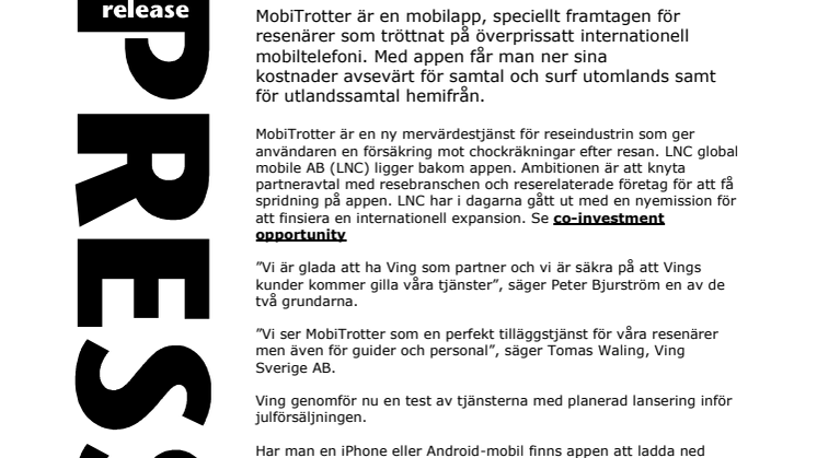 MobiTrotter tecknar avtal med researrangören Ving