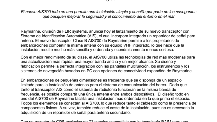Raymarine: Raymarine lanza el nuevo transceptor AIS con repartidor de señal para antena integrado