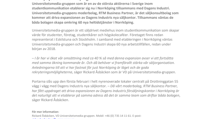 Universitetsmedia-gruppen sametablerar med Dagens Industri i Norrköping - 60 nya jobb 