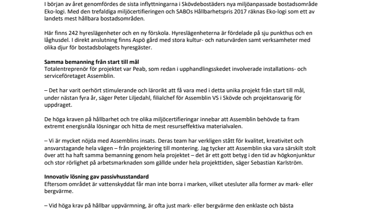 Assemblin bidrog till unikt hållbart bostadsområde