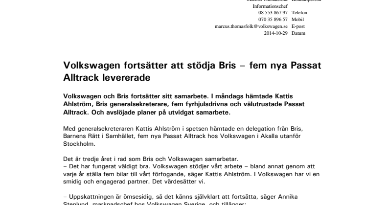 Volkswagen fortsätter att stödja Bris – fem nya Passat Alltrack levererade