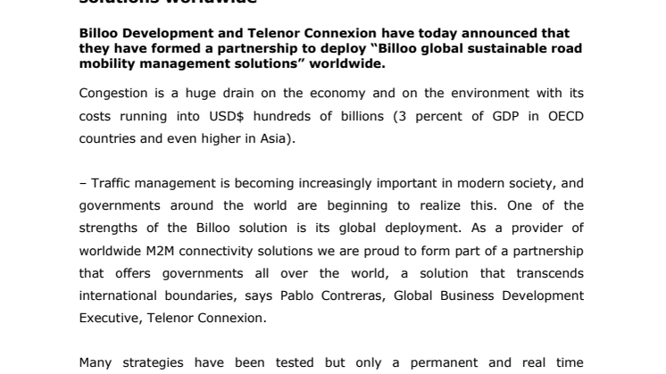 Billoo Development and Telenor Connexion join forces to offer global sustainable road mobility management solutions worldwide