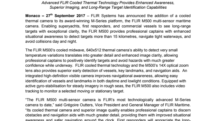 FLIR - Monaco Yacht Show: FLIR Introduces High Performance FLIR M500 Multi-Sensor Maritime Camera (Stand QS81)